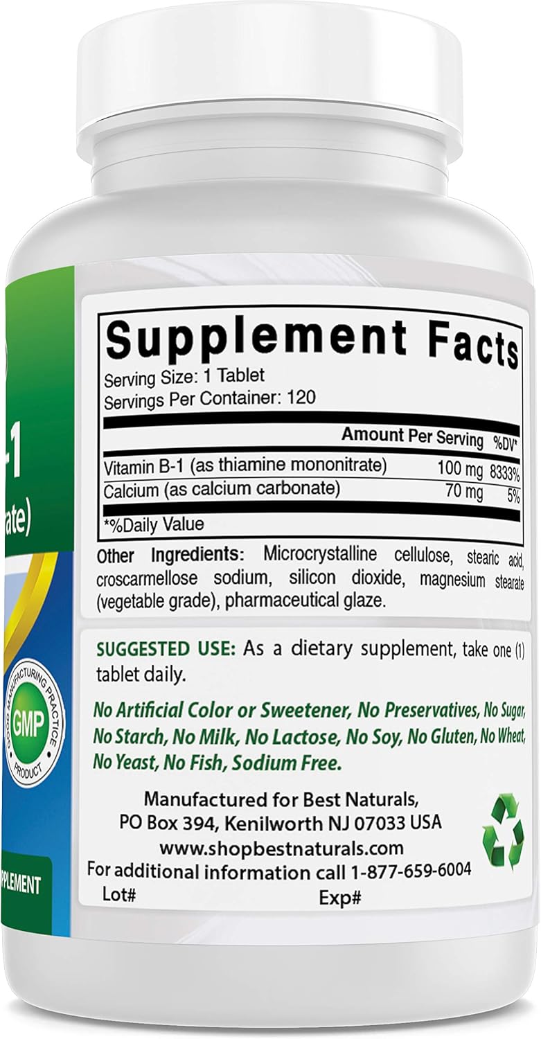 High Potency Vitamin B1 Thiamine Mononitrate 100mg Tablets - 360 Tablets Total