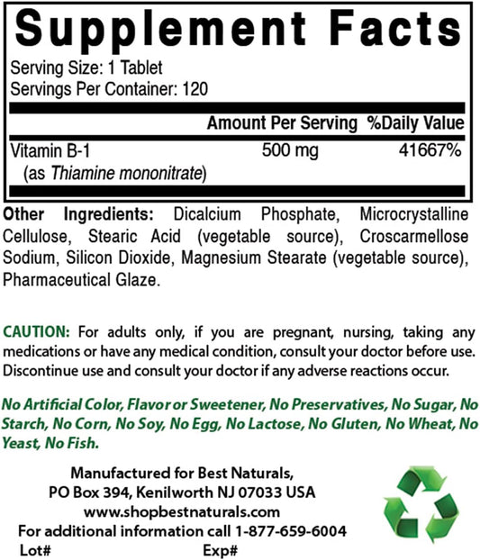 High Potency Vitamin B1 Thiamine Mononitrate 500mg & B6 200mg - Essential B Vitamins for Energy & Metabolism Support