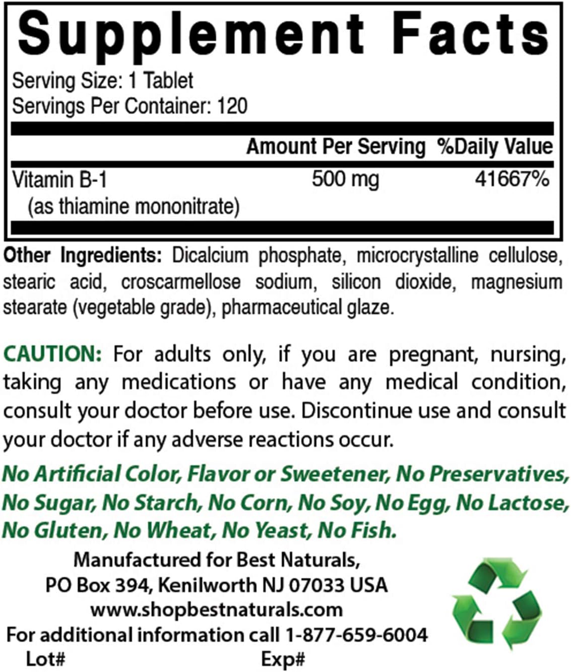 High Potency Vitamin B1 Thiamine Mononitrate 500mg - 120 Tablets - Natural Energy Boost - 1 Bottle