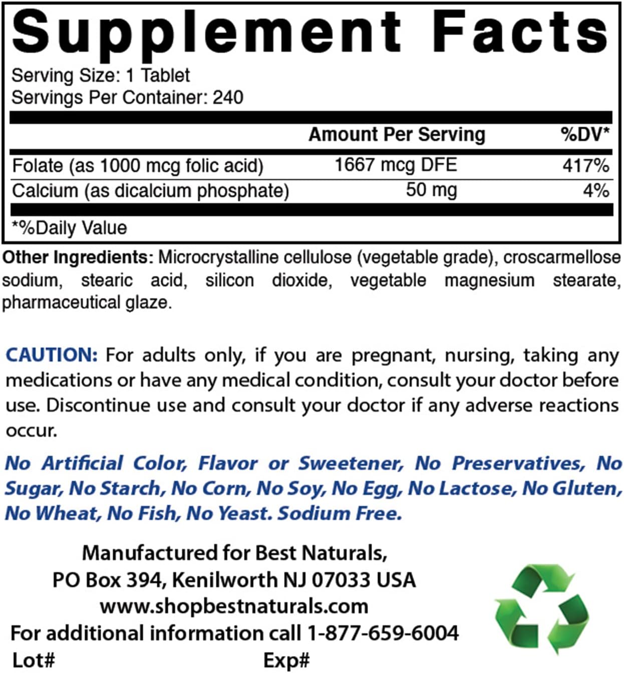 High Potency Vitamin B1 with Thiamine Mononitrate 100 mg and Folic Acid 1000 mcg for Optimal Health