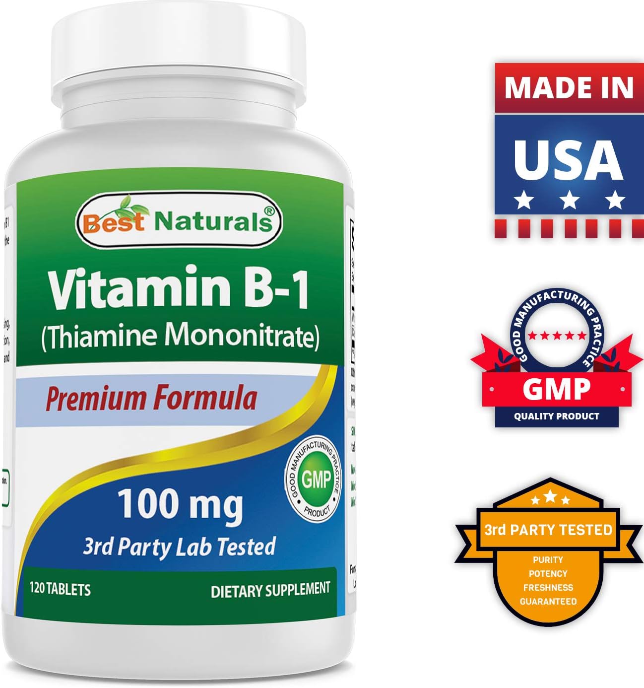 High Potency Vitamin B1 with Thiamine Mononitrate 100 mg and Folic Acid 1000 mcg for Optimal Health