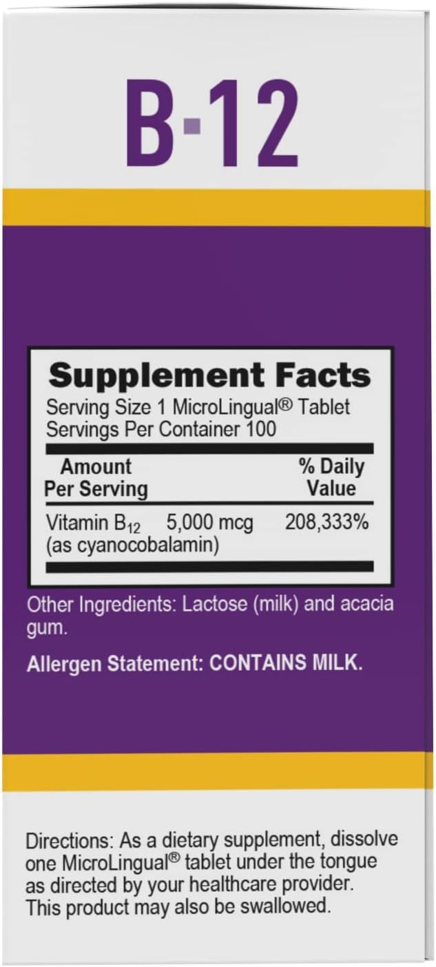 High Potency Vitamin B12 5000 mcg MicroLingual Tablets - 100 Count - Fast Dissolving B12 Supplement for Energy, Metabolism Boost, and Nervous System Support - Non-GMO Formula