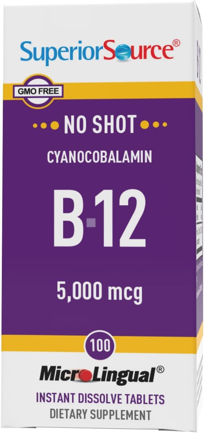 High Potency Vitamin B12 5000 mcg MicroLingual Tablets - 100 Count - Fast Dissolving B12 Supplement for Energy, Metabolism Boost, and Nervous System Support - Non-GMO Formula