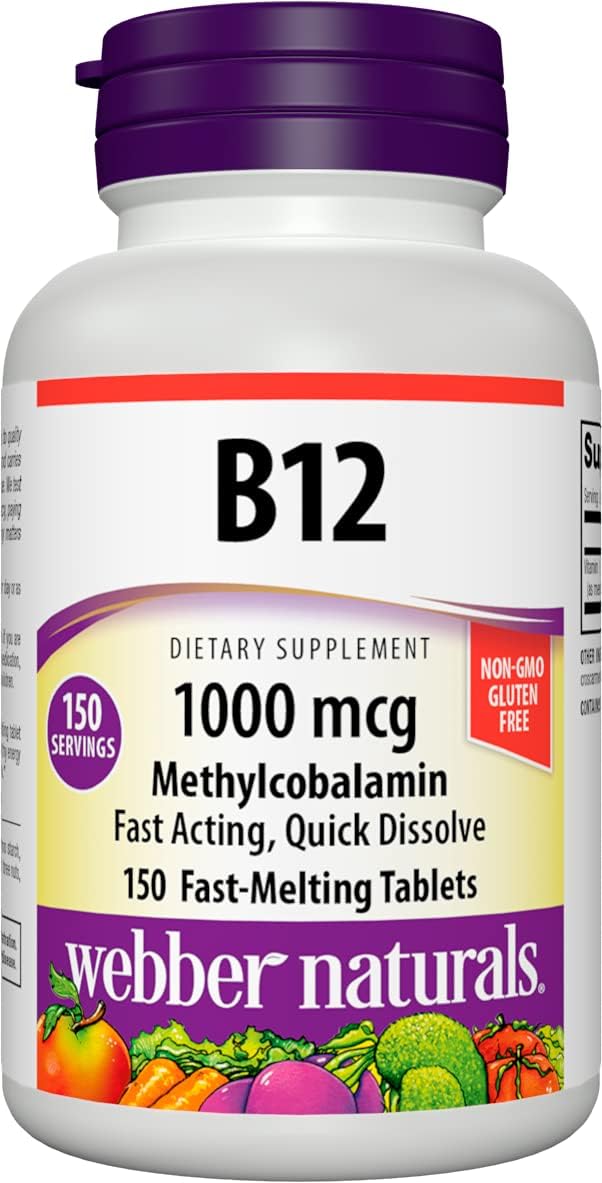 High Potency Vitamin B12 Fast-Melting Tablets for Energy and Metabolism Support - 150 Count, Gluten Free, Non-GMO, Vegetarian Formula by Webber Naturals