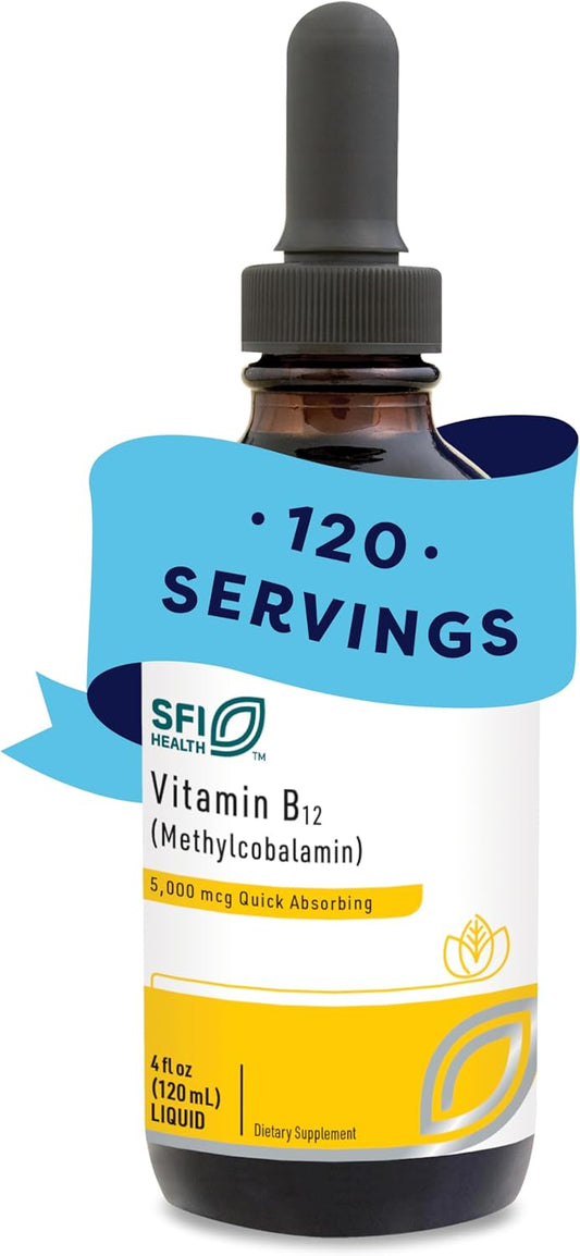 High Potency Vitamin B12 Liquid Drops for Mood and Cognitive Support - 5mg Methylcobalamin - Hypoallergenic - 120 Servings