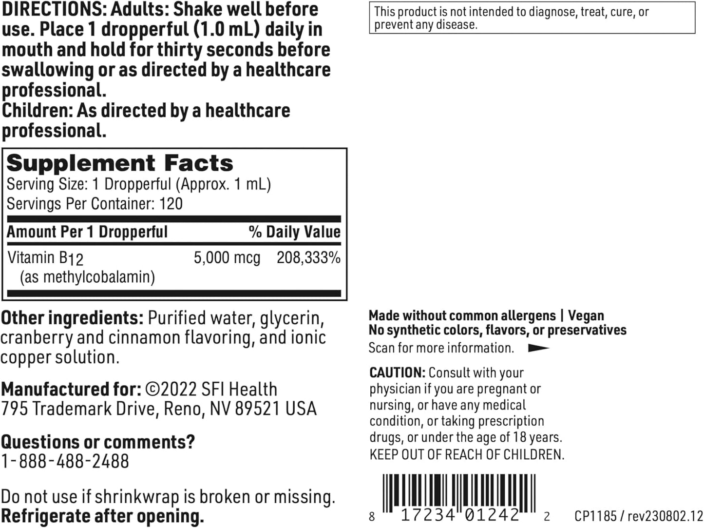 High Potency Vitamin B12 Liquid Drops for Mood and Cognitive Support - 5mg Methylcobalamin - Hypoallergenic - 120 Servings