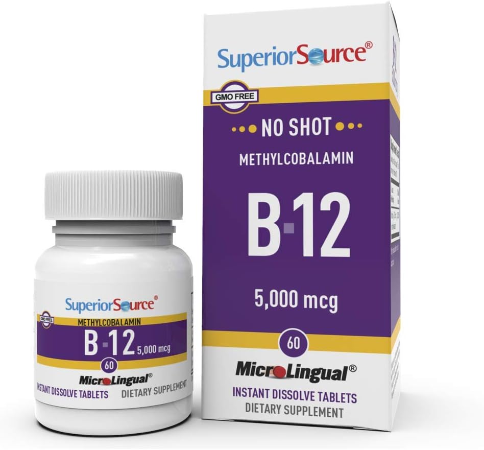 High Potency Vitamin B12 Methylcobalamin 5000 mcg Tablets for Energy & Nervous System, 60ct, Non-GMO, Quick Dissolve