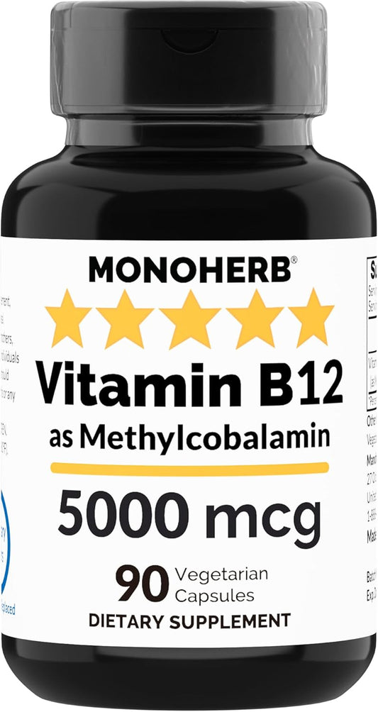 High Potency Vitamin B12 Methylcobalamin Supplement - 90 Veg Capsules - 5000 mcg B12 Methyl Formula