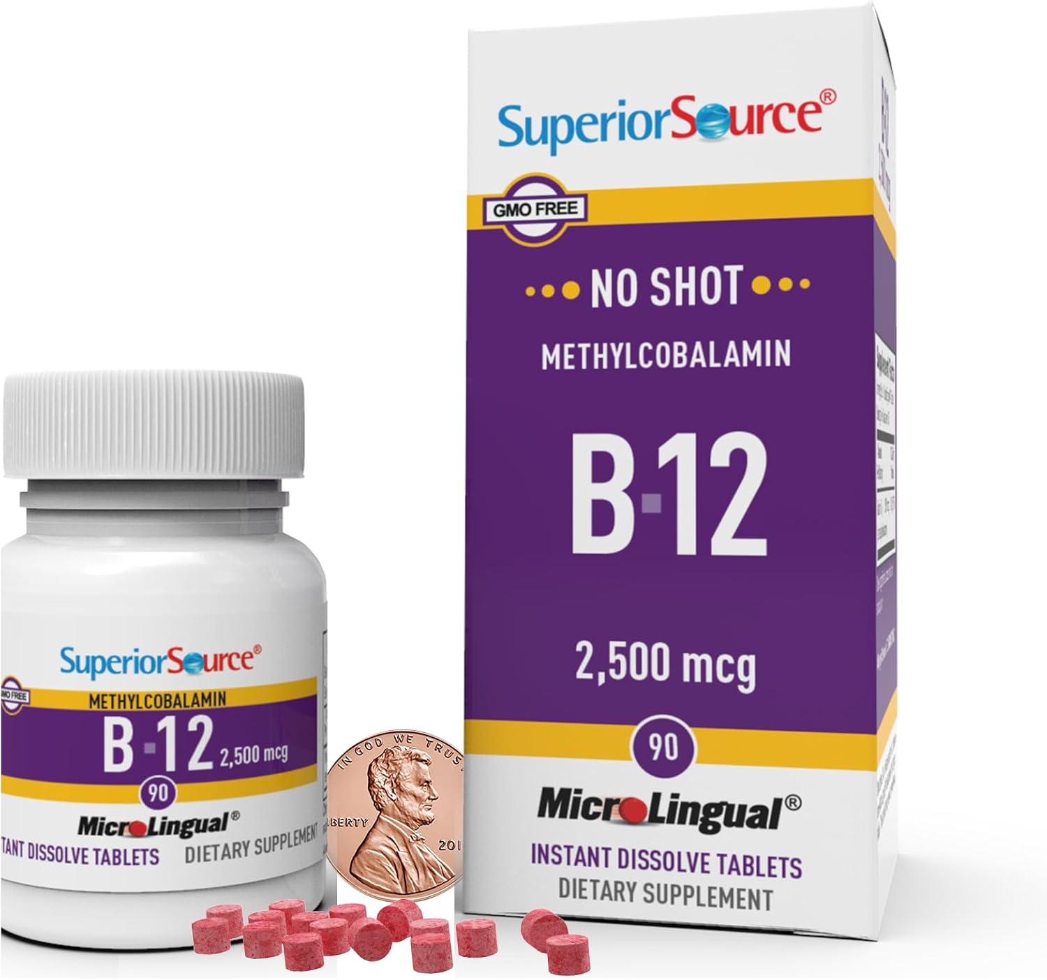 High Potency Vitamin B12 Methylcobalamin Tablets, 2500 mcg - 90 Count, Quick Dissolve for Energy & Nervous System Support, Non-GMO