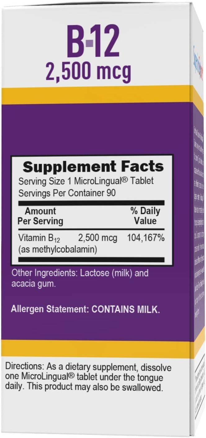 High Potency Vitamin B12 Methylcobalamin Tablets, 2500 mcg - 90 Count, Quick Dissolve for Energy & Nervous System Support, Non-GMO