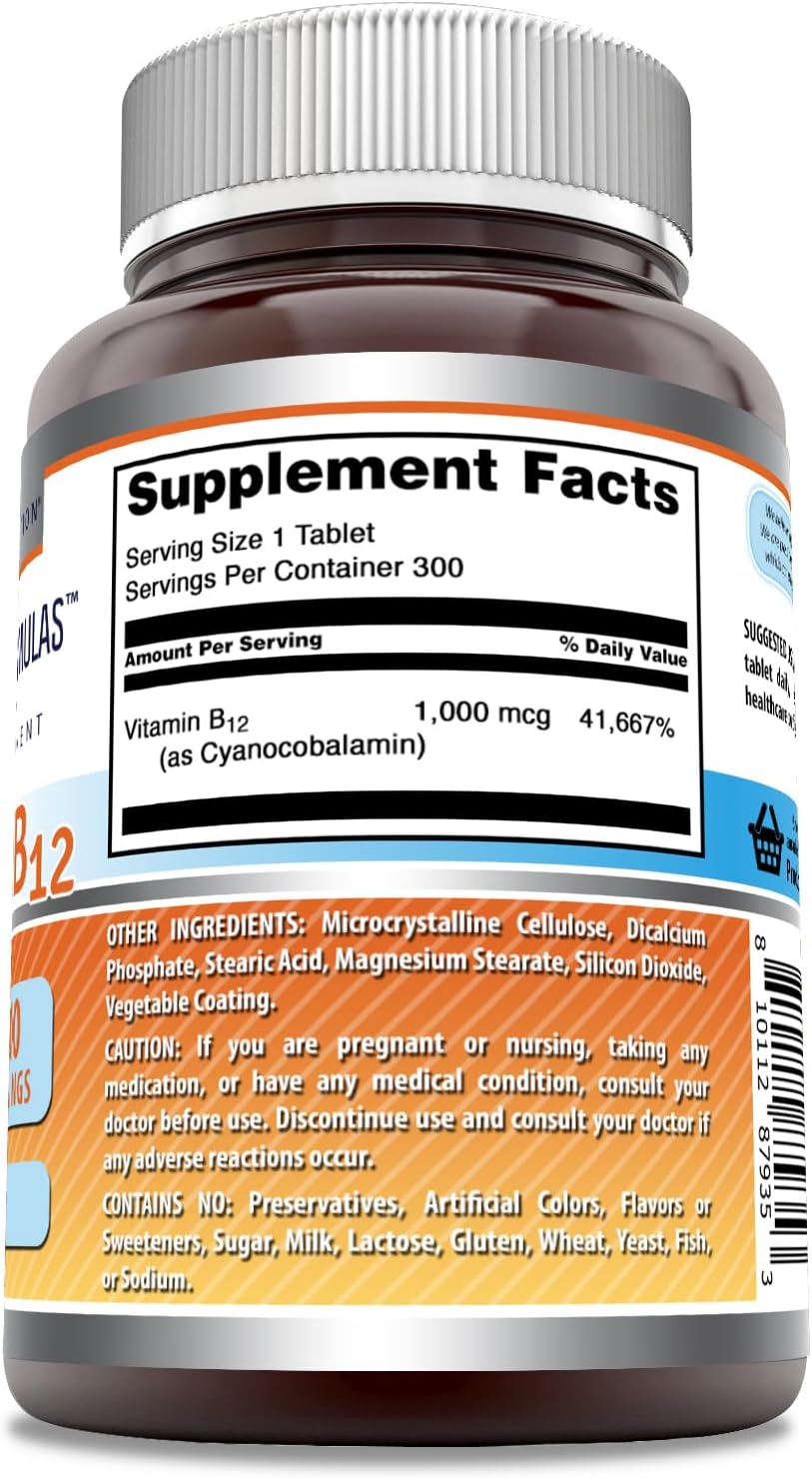 High Potency Vitamin B12 Supplement | 1000 Mcg Tablets | Non-GMO, Gluten-Free | Made in USA | 1 Pack, 300 Count