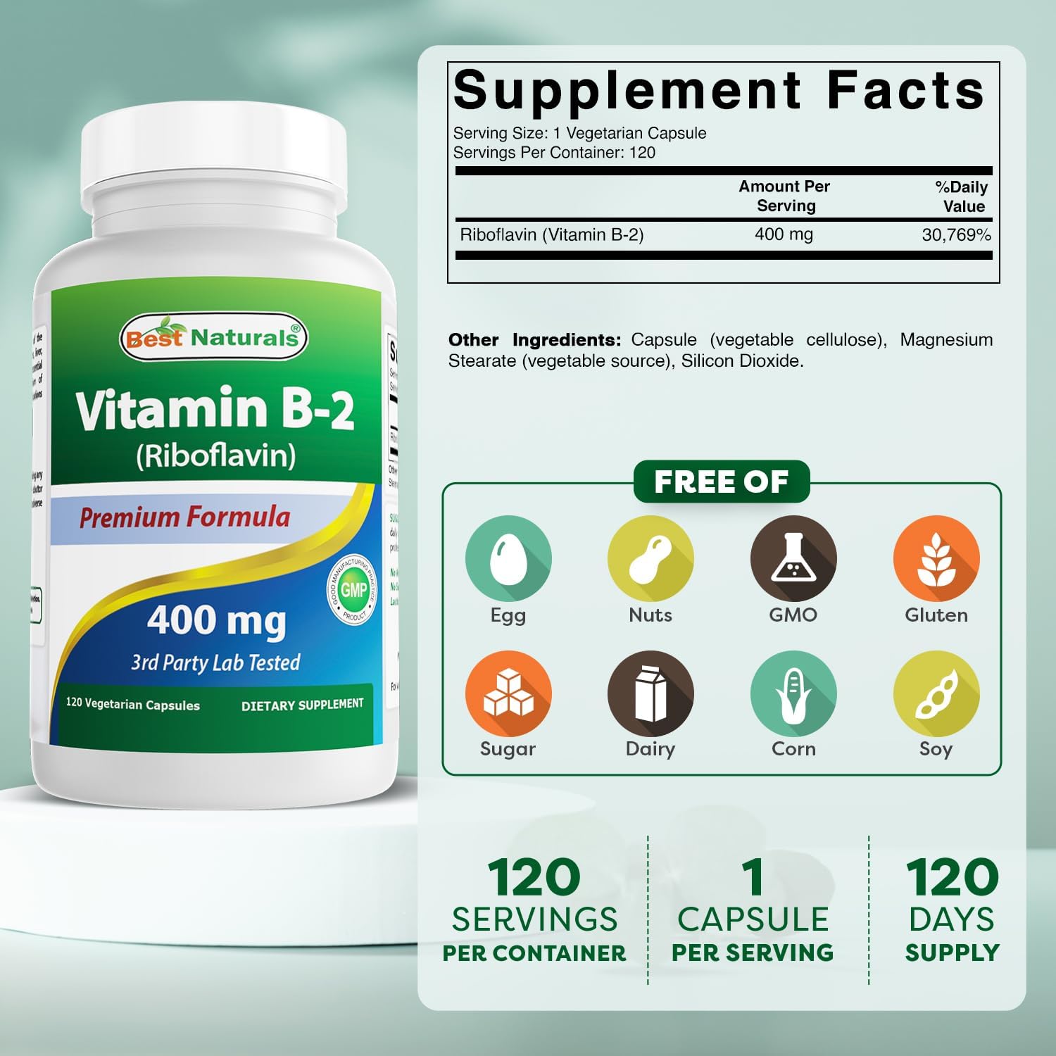 High Potency Vitamin B2 (Riboflavin) 400mg Capsules for Migraine Relief - Coenzyme Support - 240 Count