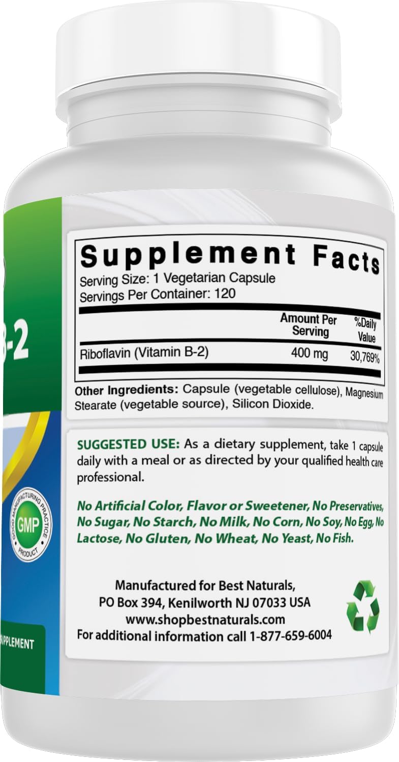 High Potency Vitamin B2 (Riboflavin) 400mg Capsules for Migraine Relief - Coenzyme Support - 240 Count