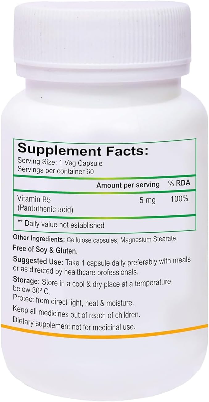 High Potency Vitamin B5 (Pantothenic Acid) Supplement for Energy and Metabolism - 60 Vegetarian Capsules