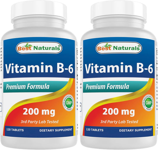 High Potency Vitamin B6 200mg Tablets for Adults - 240 Count (2 Pack) - Best Naturals Supplement