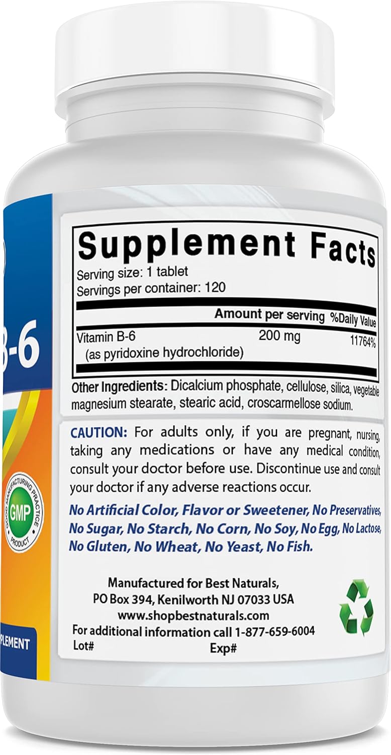 High Potency Vitamin B6 200mg Tablets for Adults - 240 Count (2 Pack) - Best Naturals Supplement