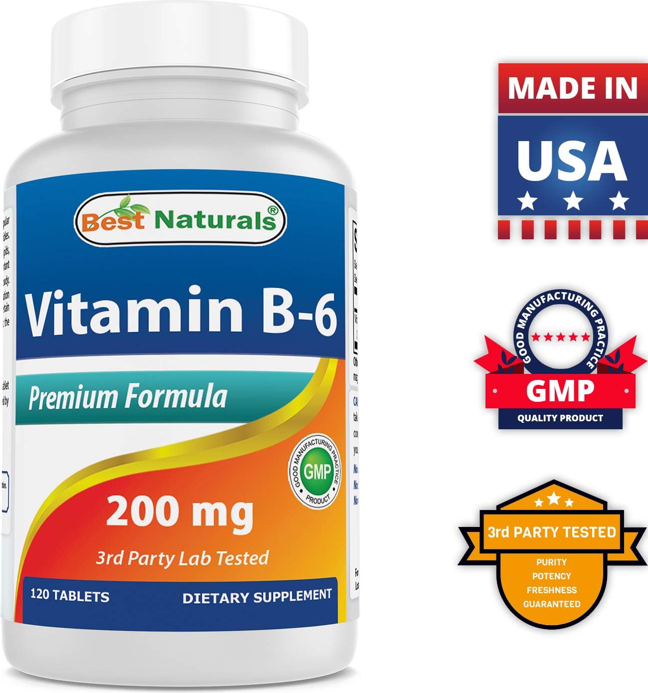 High Potency Vitamin B6 200mg Tablets for Adults - 240 Count (2 Pack) - Best Naturals Supplement