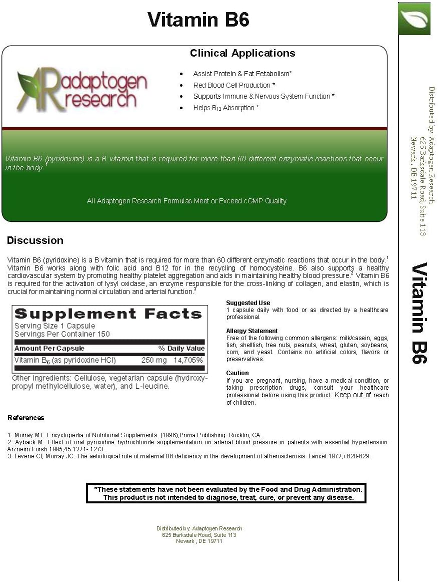 High Potency Vitamin B6 Supplement for Energy, Metabolism, and Nervous System Function - 150 Vegetarian Capsules