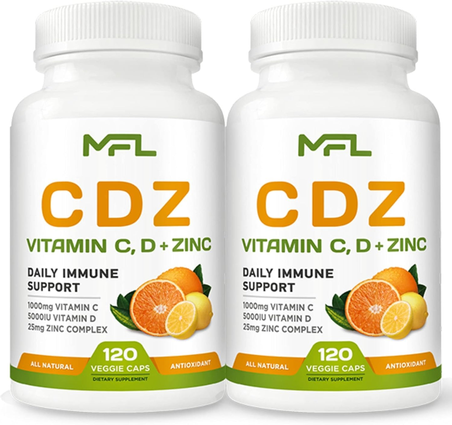 High Potency Vitamin C, D3, and Zinc Supplement - 2 Pack, 1000mg C, 125mcg D3, 25mg Zinc - Non-GMO & Gluten Free