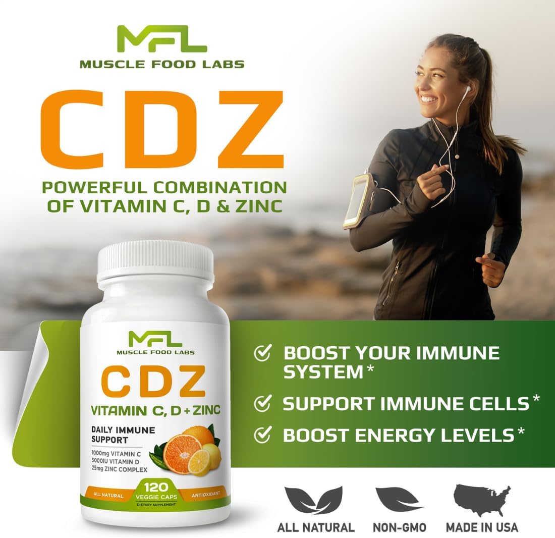 High Potency Vitamin C, D3, and Zinc Supplement - 2 Pack, 1000mg C, 125mcg D3, 25mg Zinc - Non-GMO & Gluten Free