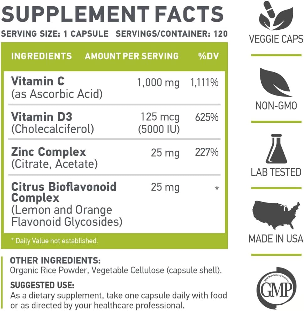 High Potency Vitamin C, D3, and Zinc Supplement - 2 Pack, 1000mg C, 125mcg D3, 25mg Zinc - Non-GMO & Gluten Free