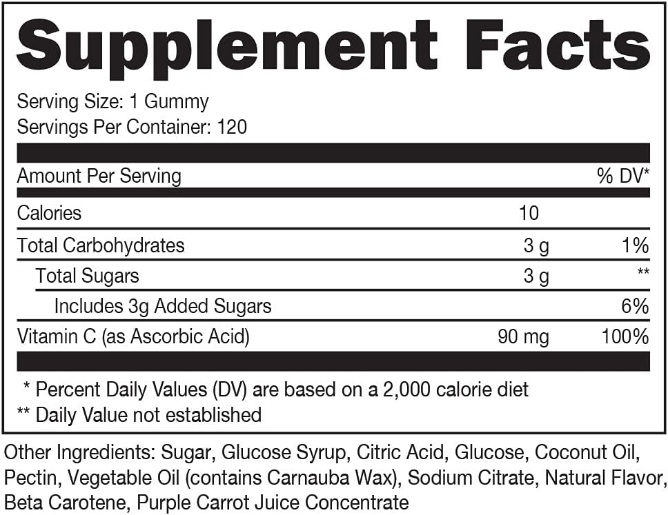 High-Potency Vitamin C Gummies 90mg for Immune Support - 120 Count