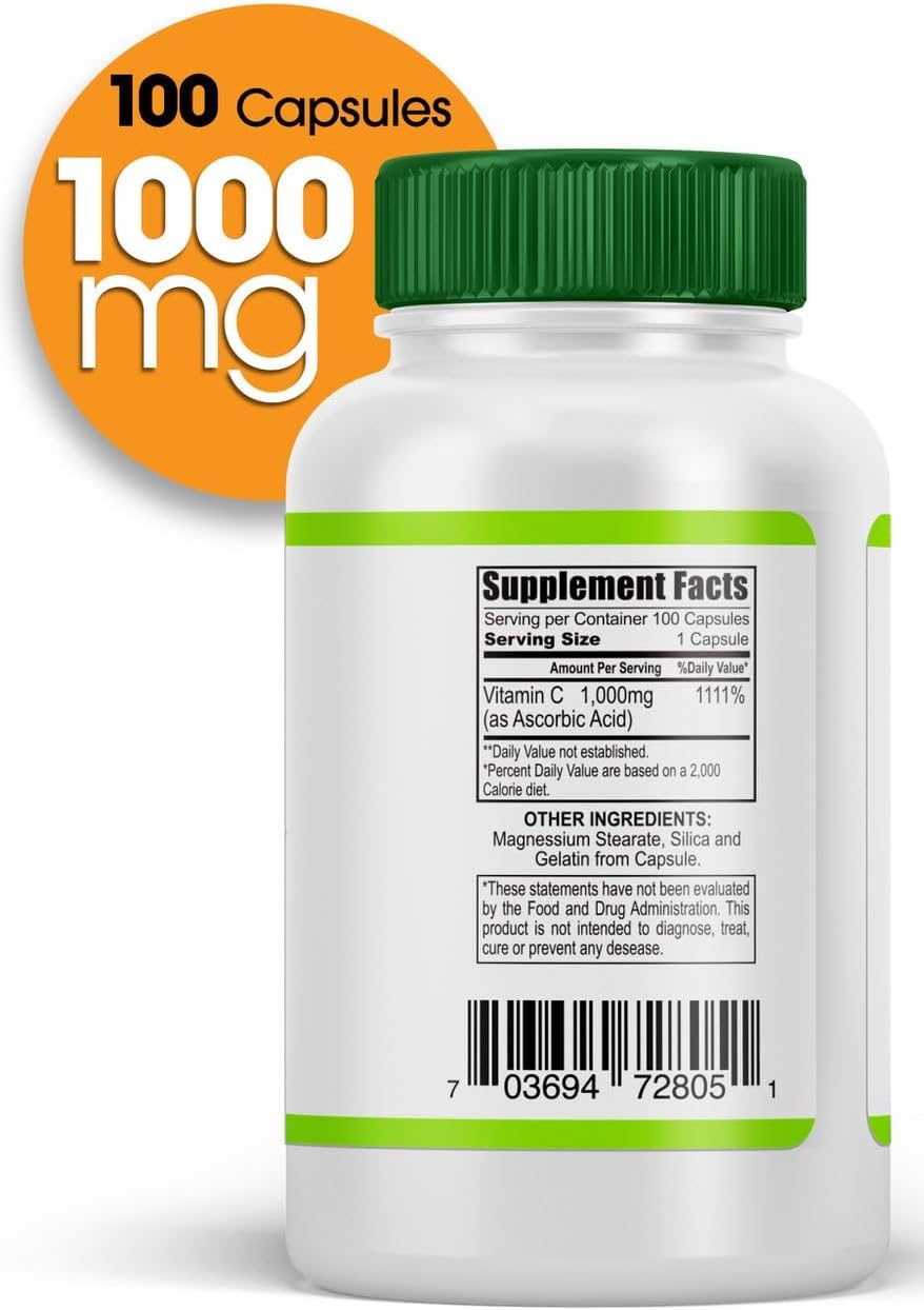 High Potency Vitamin C Supplement - 1000mg, 100 Capsules for Immune Support