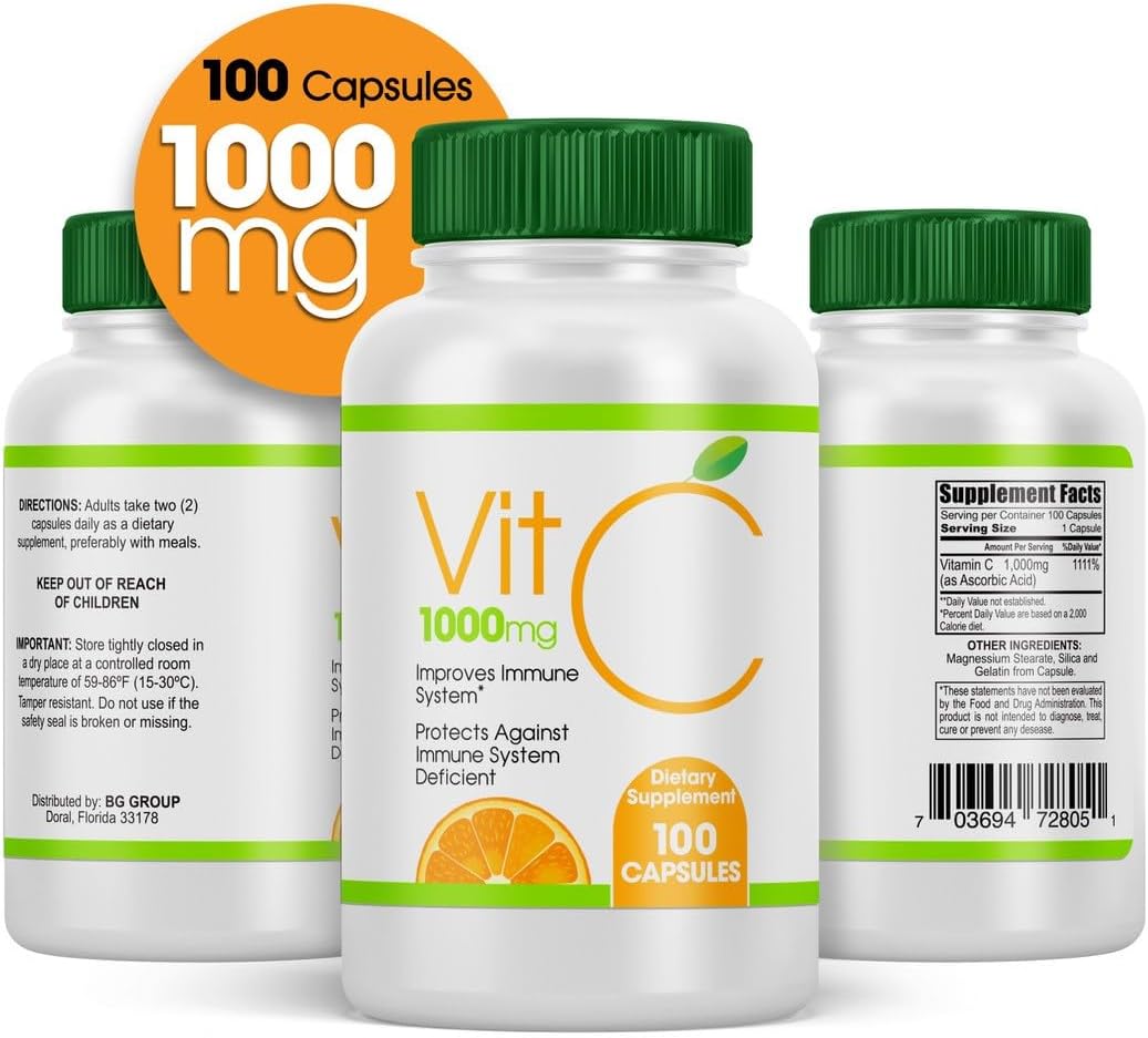 High Potency Vitamin C Supplement - 1000mg, 100 Capsules for Immune Support
