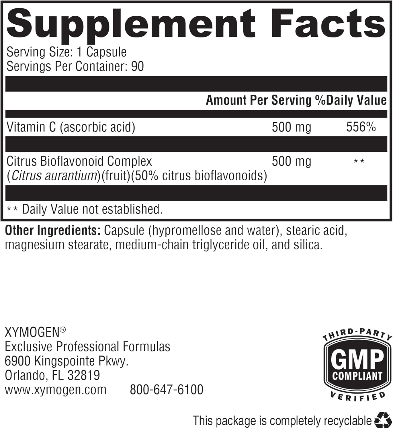 High Potency Vitamin C Supplement with Citrus Bioflavonoids for Antioxidant & Immune Support - 90 Capsules by XYMOGEN Bio C 1:1