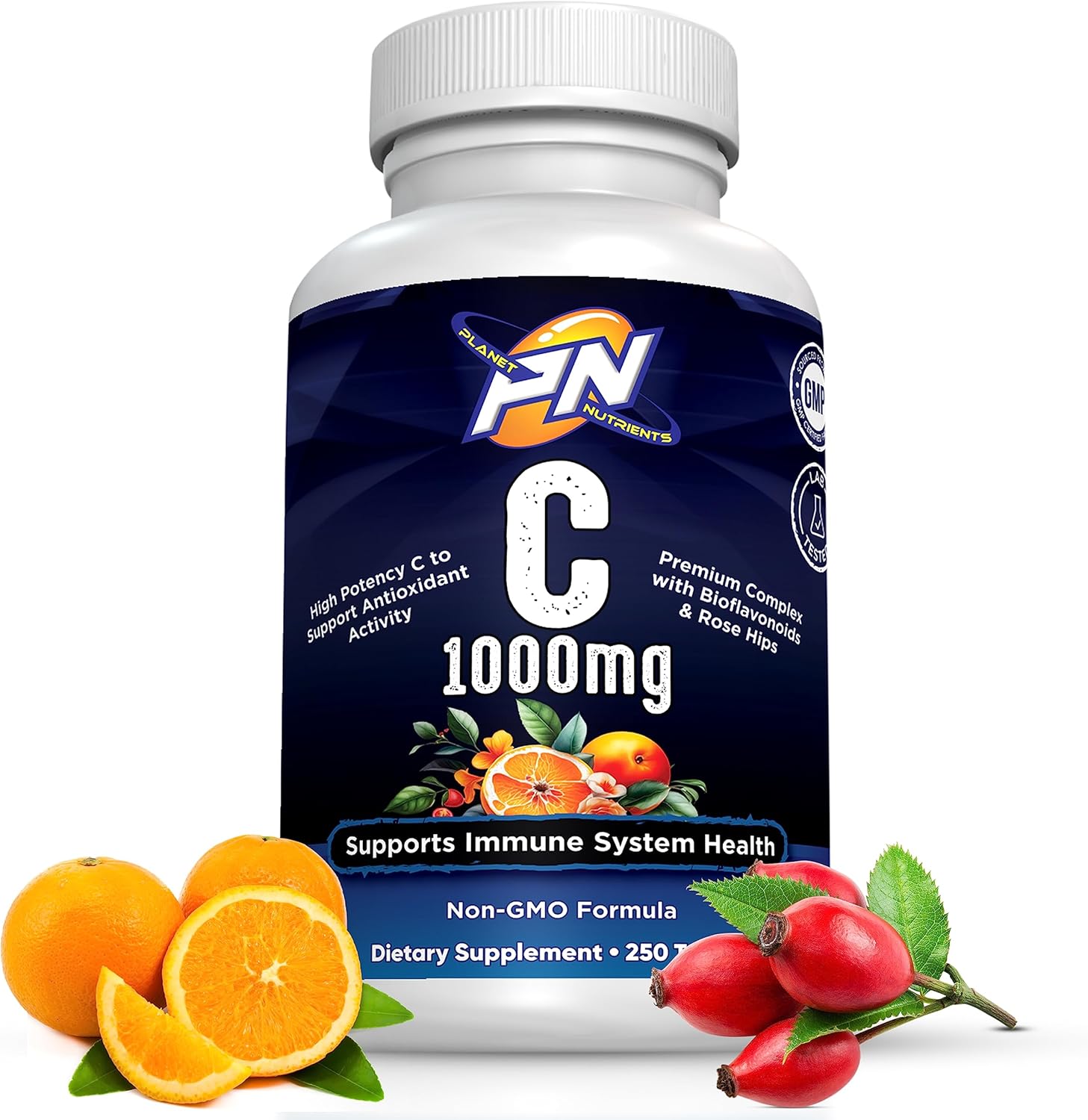 High Potency Vitamin C with Bioflavonoids and Rose Hips - 250 Capsules for Immune System Support by Planet Nutrients