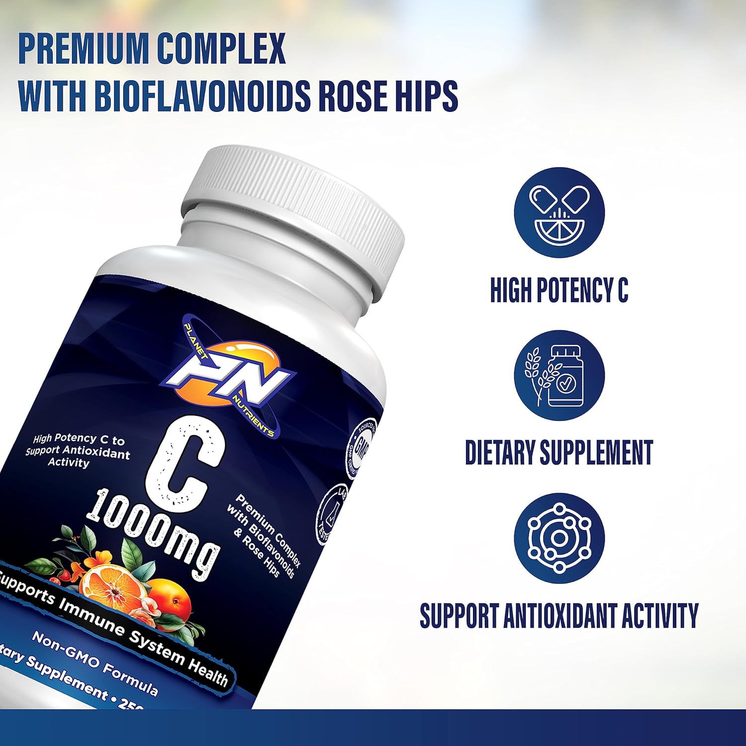 High Potency Vitamin C with Bioflavonoids and Rose Hips - 250 Capsules for Immune System Support by Planet Nutrients