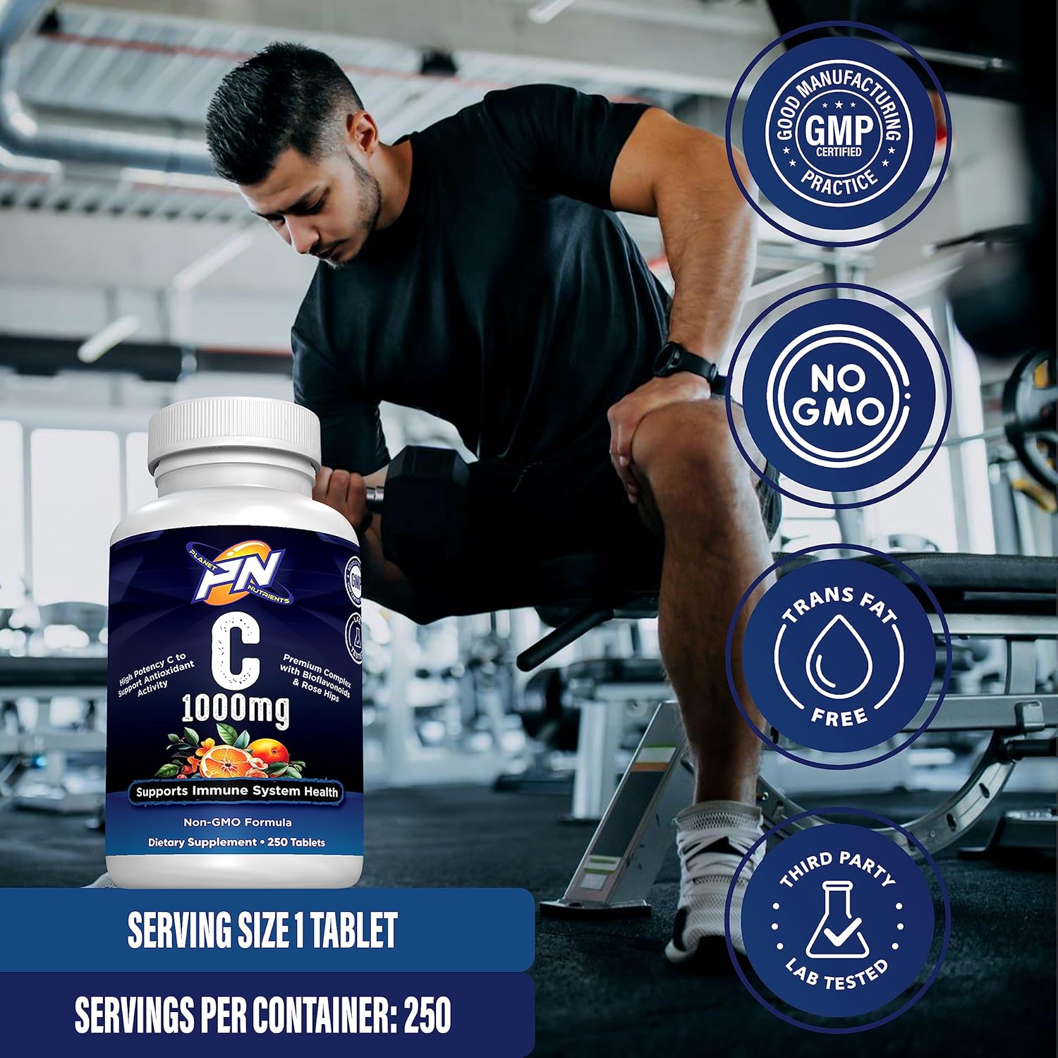 High Potency Vitamin C with Bioflavonoids and Rose Hips - 250 Capsules for Immune System Support by Planet Nutrients