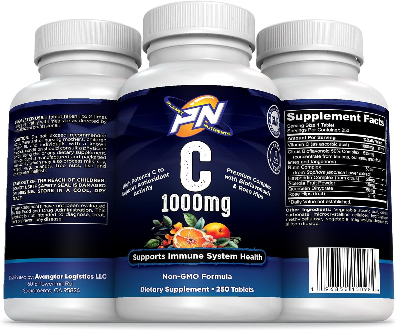 High Potency Vitamin C with Bioflavonoids and Rose Hips - 250 Capsules for Immune System Support by Planet Nutrients