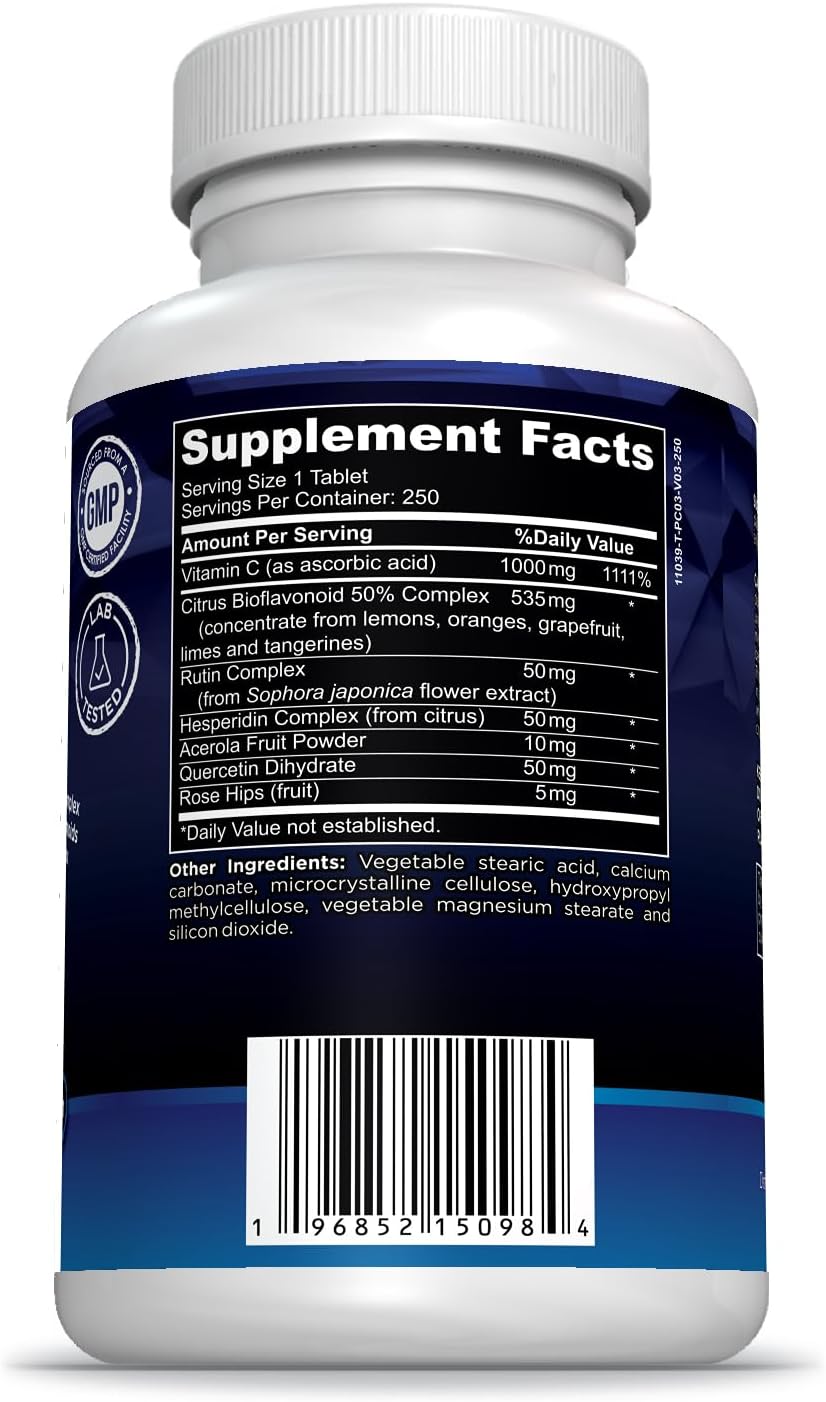 High Potency Vitamin C with Bioflavonoids and Rose Hips - 250 Capsules for Immune System Support by Planet Nutrients