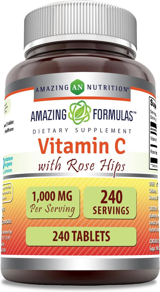 High Potency Vitamin C with Rose Hips 1000mg - 240 Tablets | Non-GMO & Gluten Free Supplement - Made in USA by Amazing Nutrition