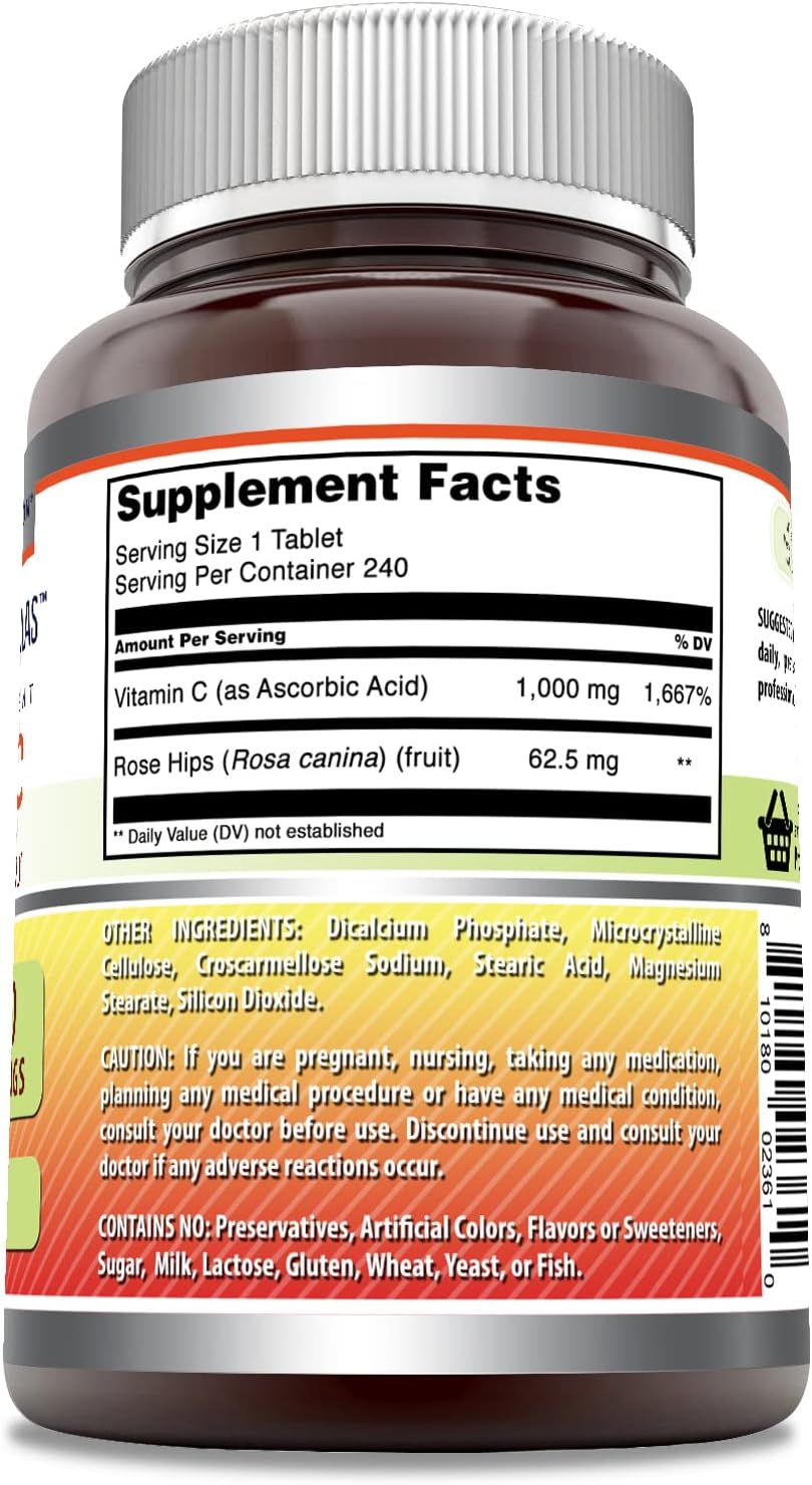 High Potency Vitamin C with Rose Hips 1000mg - 240 Tablets | Non-GMO & Gluten Free Supplement - Made in USA by Amazing Nutrition