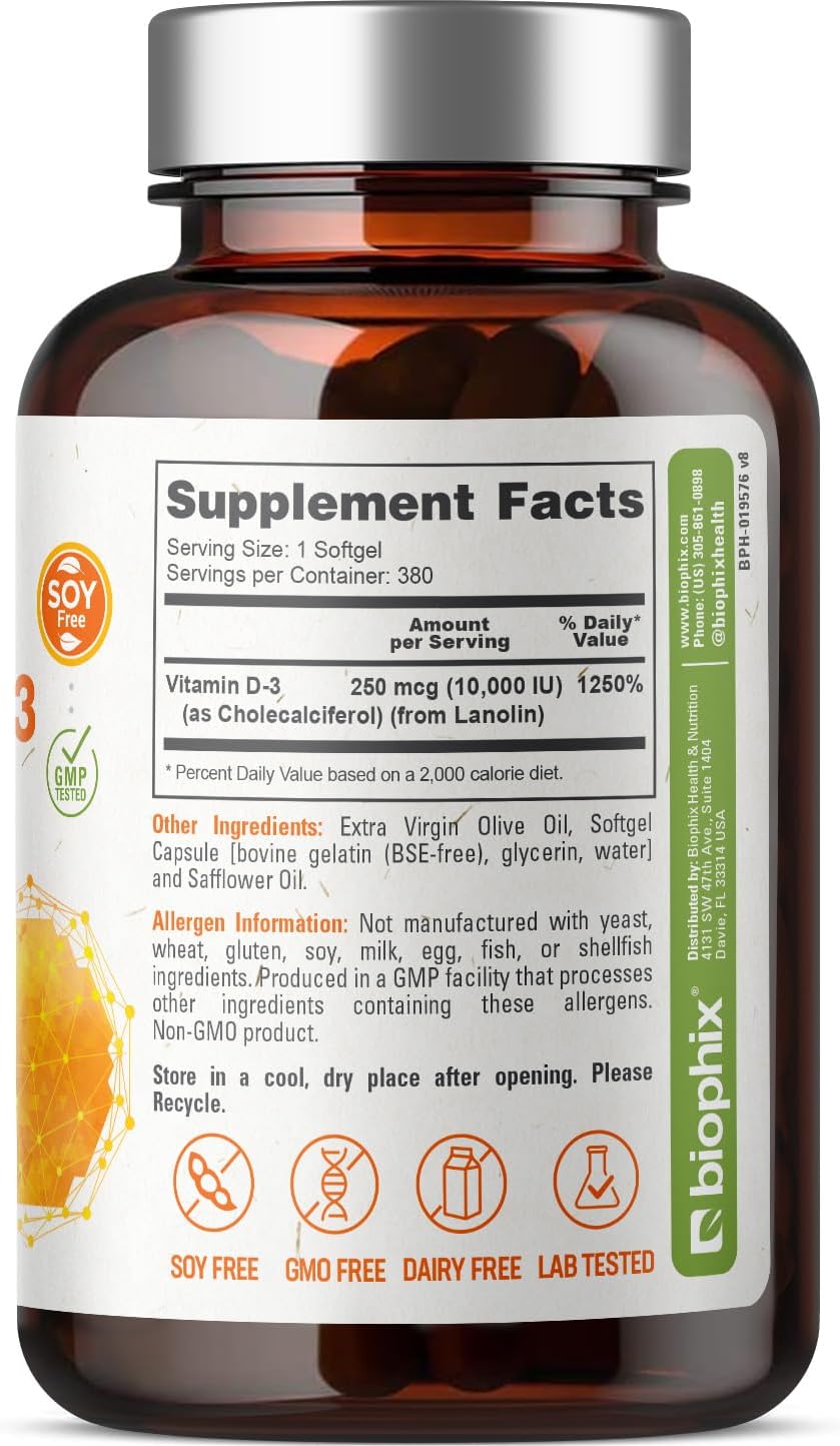 High-Potency Vitamin D-3 10000 IU Softgels in Extra Virgin Olive Oil - Non-GMO, Soy-Free, Supports Strong Bones and Immune Health