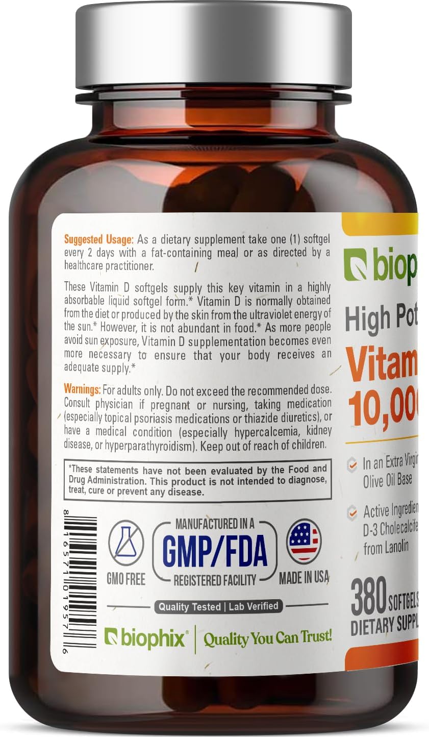 High-Potency Vitamin D-3 10000 IU Softgels in Extra Virgin Olive Oil - Non-GMO, Soy-Free, Supports Strong Bones and Immune Health
