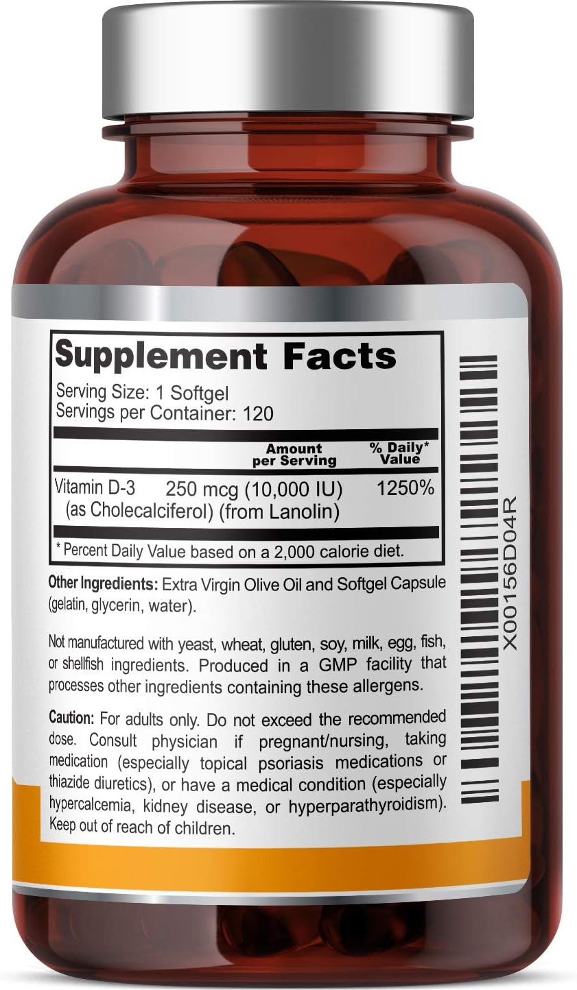 High-Potency Vitamin D-3 10000 IU Softgels with Extra Virgin Olive Oil - Non-GMO, Soy-Free Formula for Strong Bones & Immune Health - 120 Count