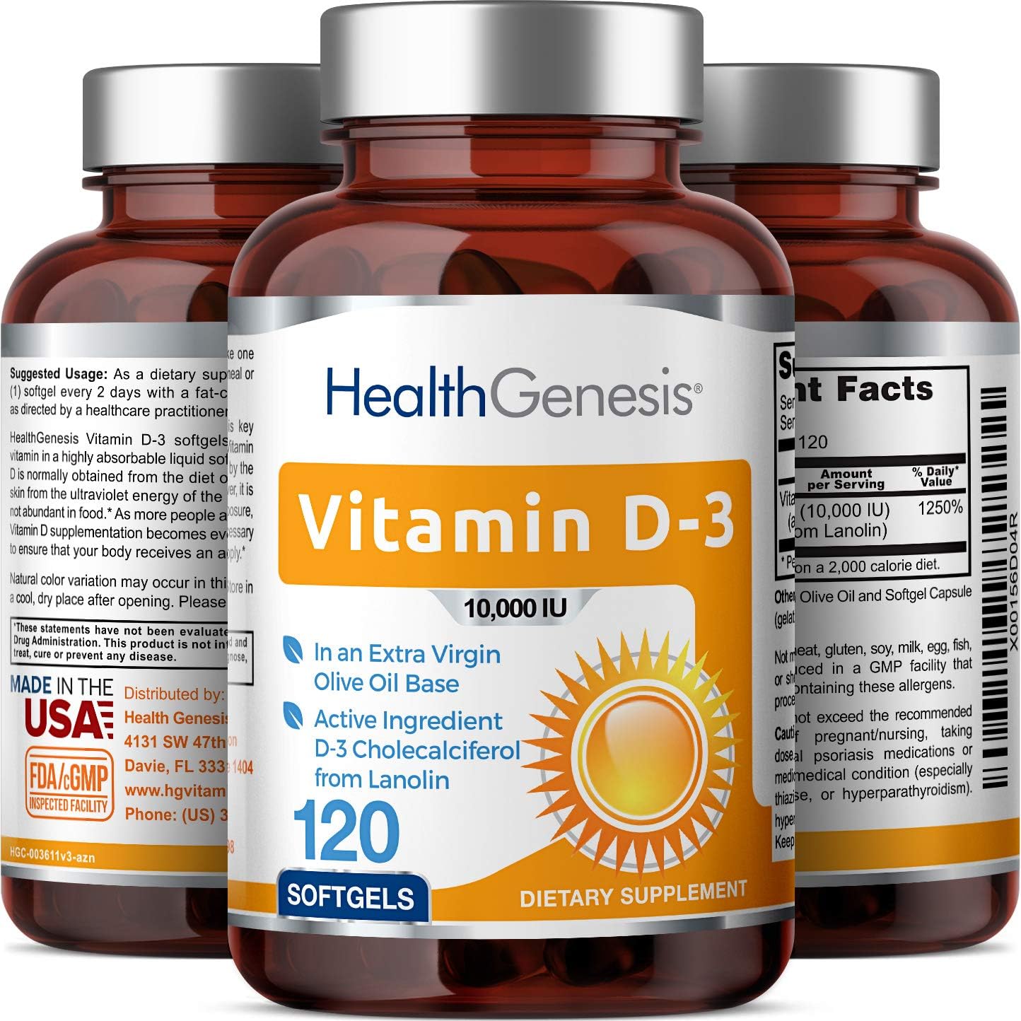High-Potency Vitamin D-3 10000 IU Softgels with Extra Virgin Olive Oil - Non-GMO, Soy-Free Formula for Strong Bones & Immune Health - 120 Count