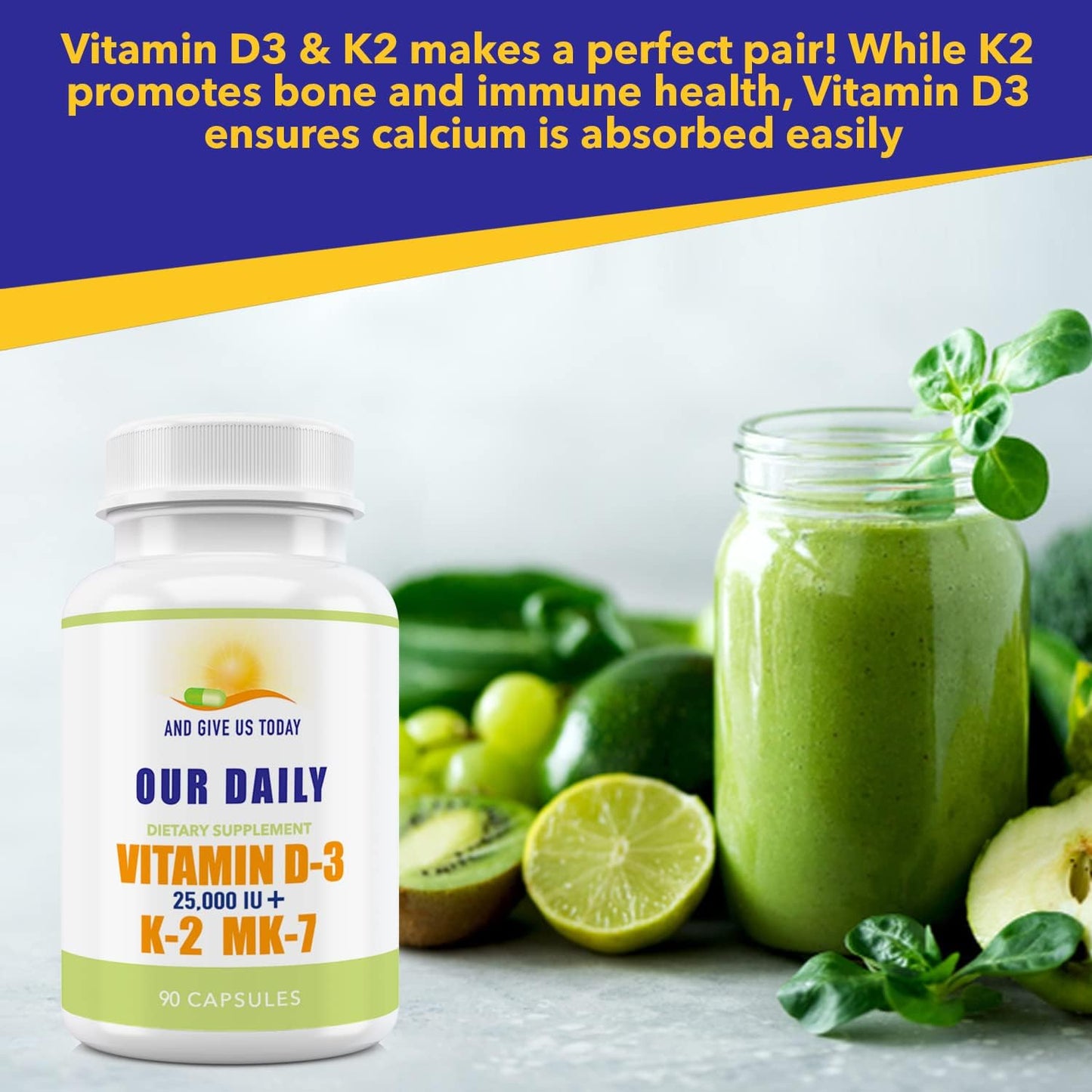 High Potency Vitamin D-3 25,000 IU + K2 Supplement for Bone, Immune, Mood, Cardiovascular Support