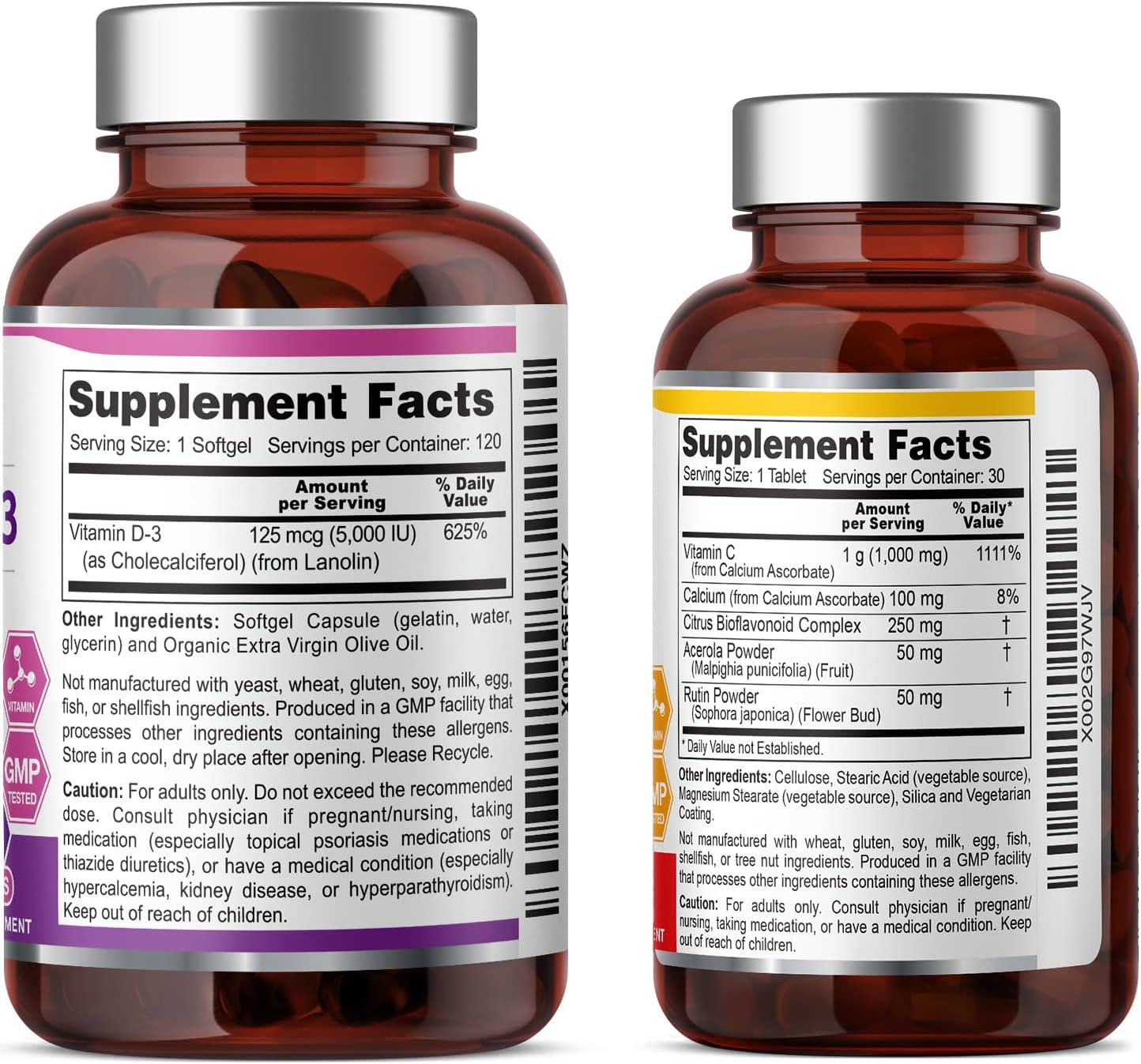 High-Potency Vitamin D-3 5000 IU Softgels with Free Vitamin C-1000 Tablets - Supports Strong Bones and Immune Health - Non-GMO Soy-Free Formula