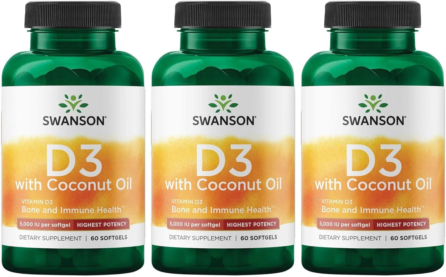 High Potency Vitamin D-3 with Coconut for Bone Health & Immune Support - 60 Softgels, 125mcg - Boosts Calcium Absorption