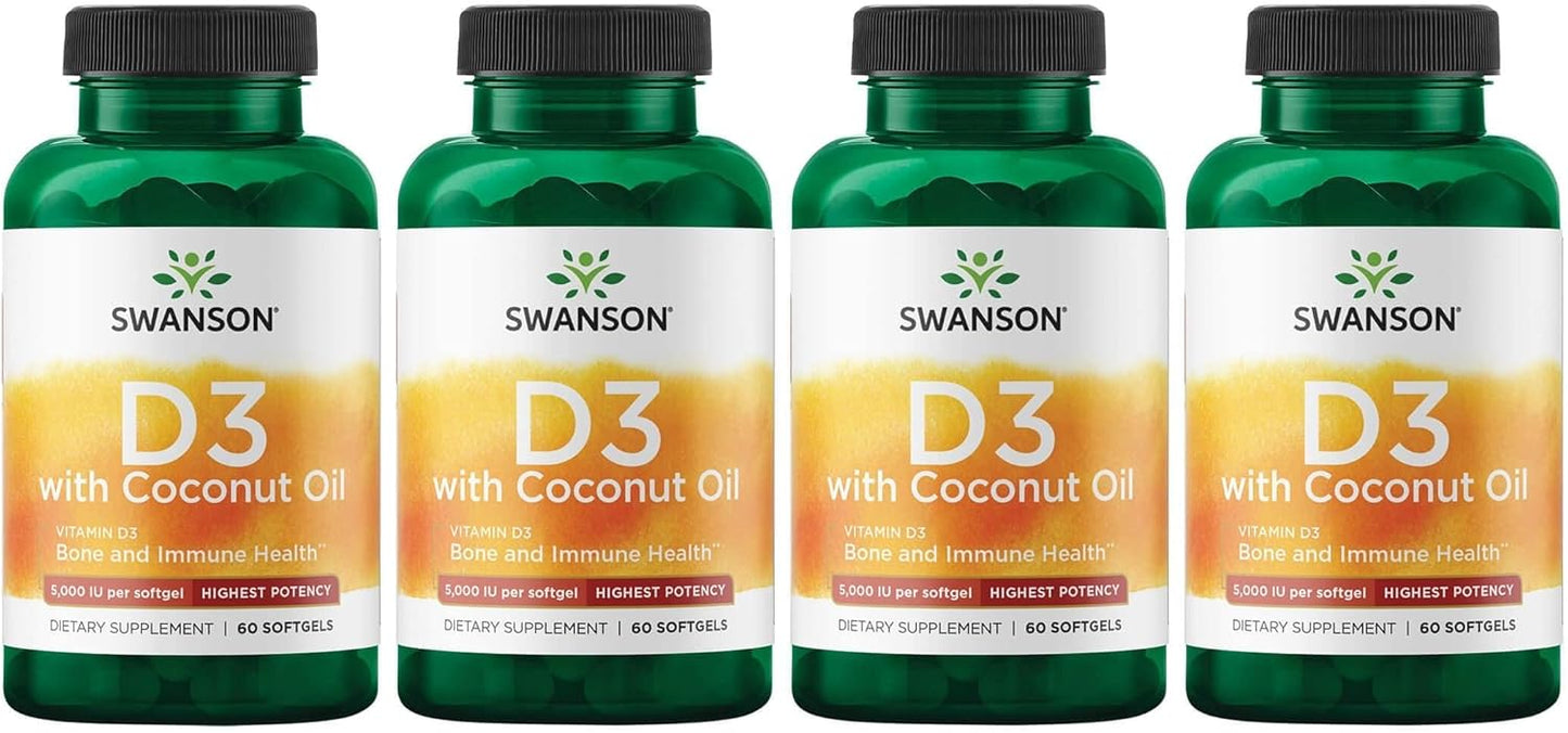 High Potency Vitamin D-3 with Coconut for Bone Health & Immune Support - 60 Softgels, 125mcg - Supports Calcium Absorption