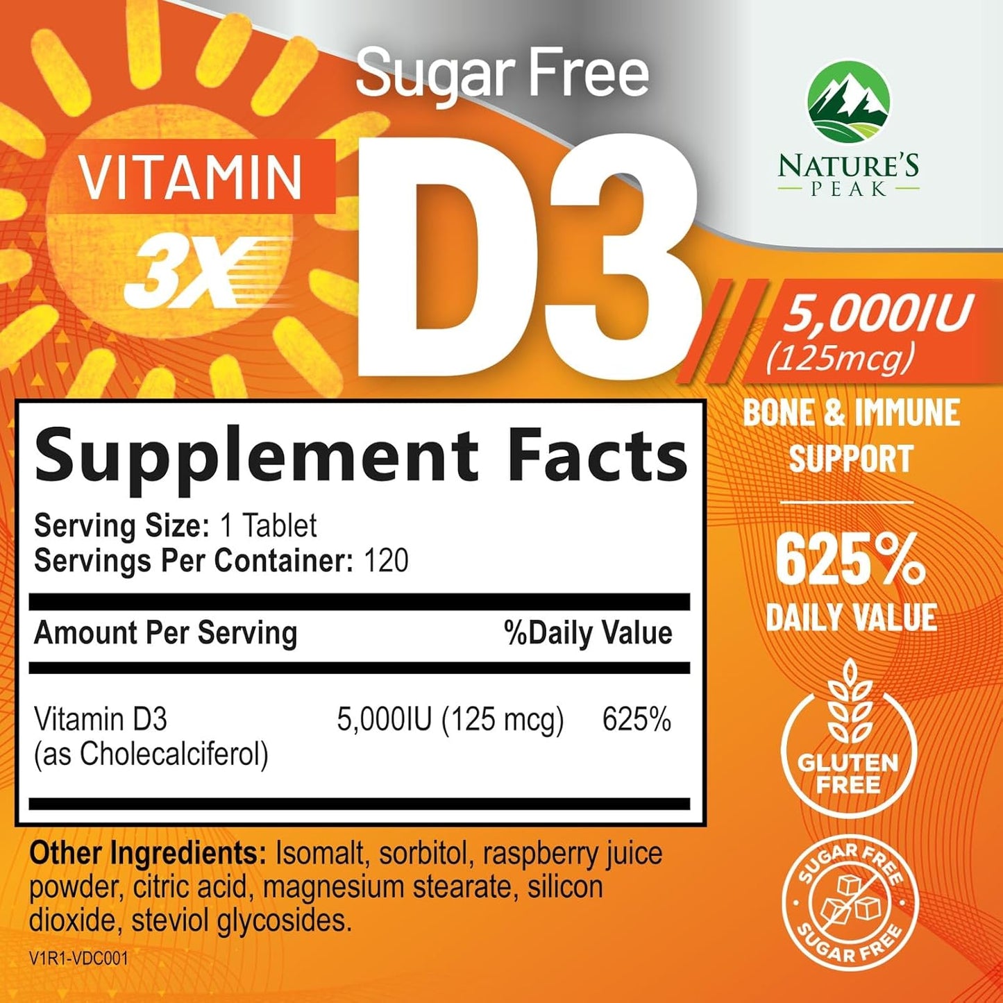 High Potency Vitamin D3 5000 IU Chewables for Bone, Teeth, Muscle & Immune Support - 120 Tablets