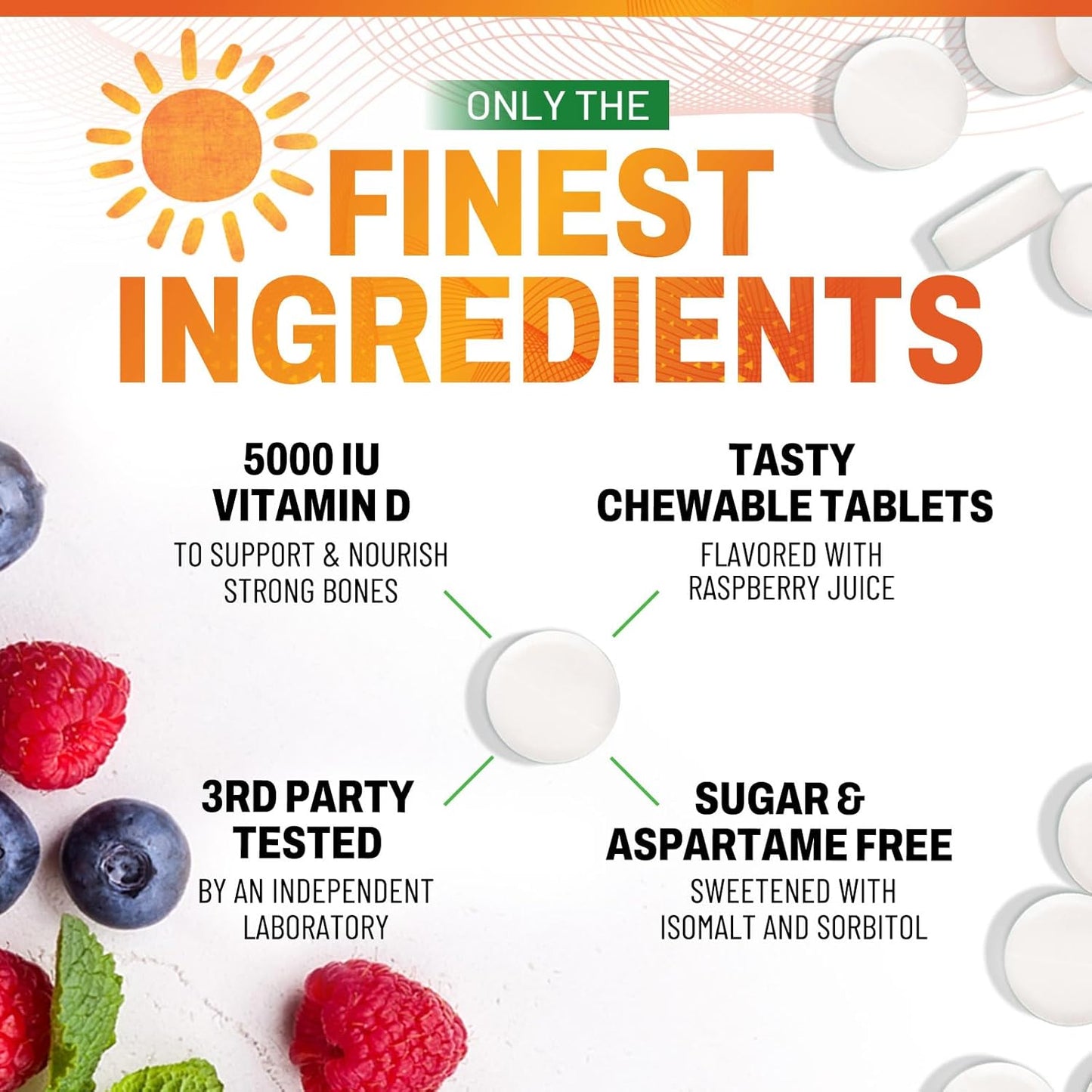High Potency Vitamin D3 5000 IU Chewables for Bone, Teeth, Muscle & Immune Support - 120 Tablets