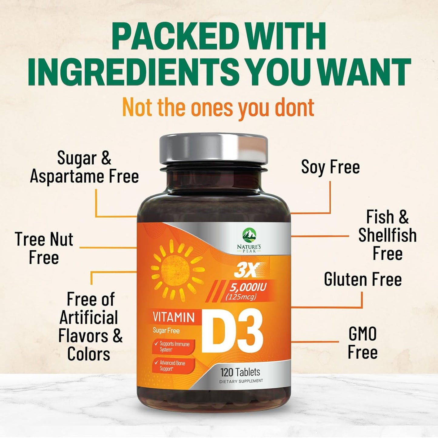 High Potency Vitamin D3 5000 IU Chewables for Bone, Teeth, Muscle & Immune Support - 120 Tablets