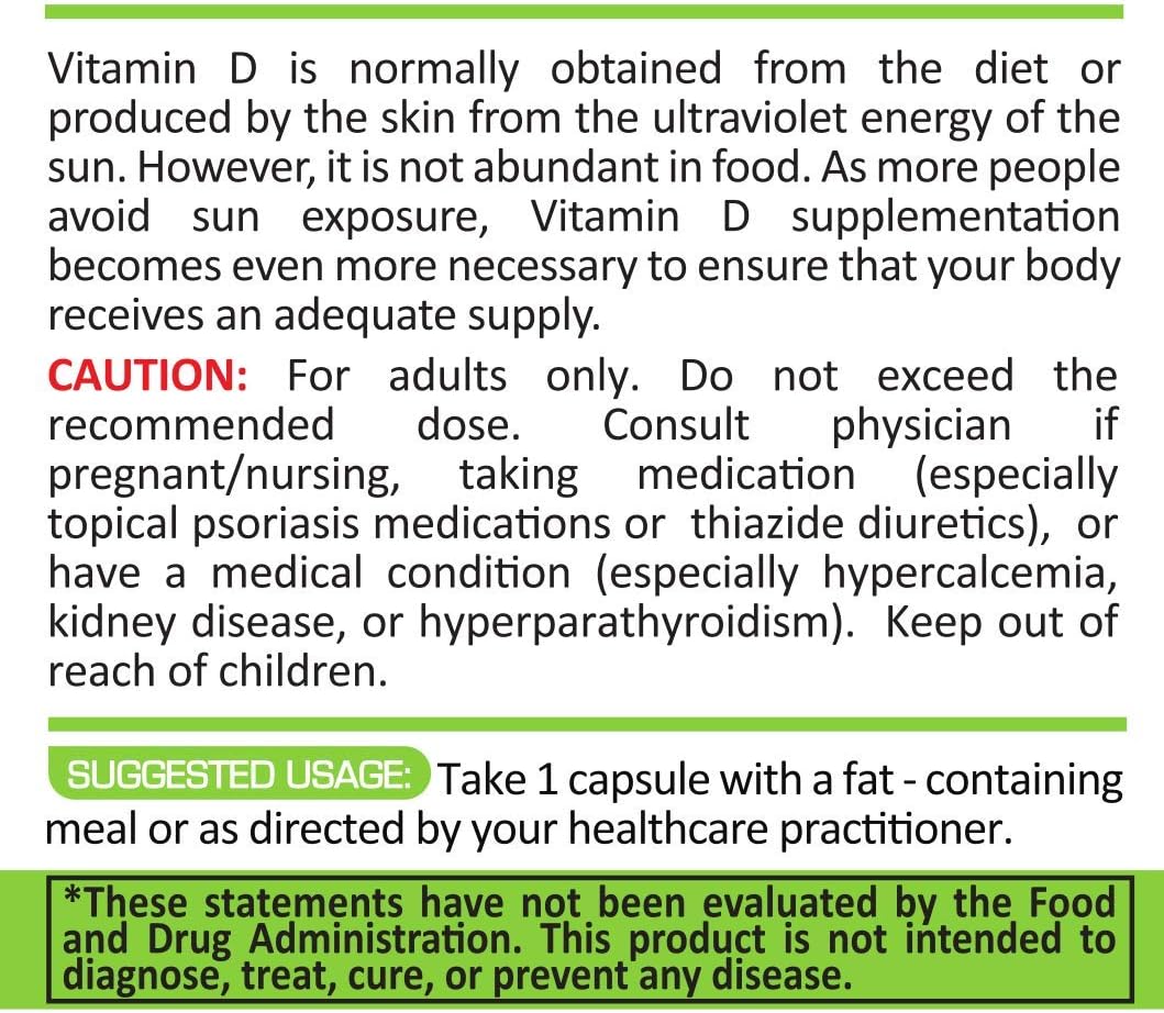 High Potency Vitamin D3 5000 IU Cholecalciferol Supplement - 100 Capsules, Bone Health, Immune System & Heart Support, Non GMO & Gluten Free