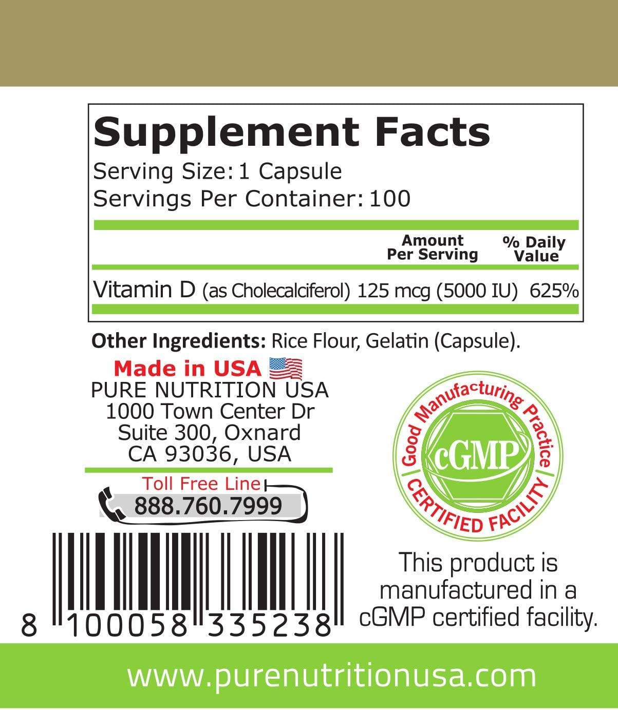 High Potency Vitamin D3 5000 IU Cholecalciferol Supplement - 100 Capsules, Bone Health, Immune System & Heart Support, Non GMO & Gluten Free