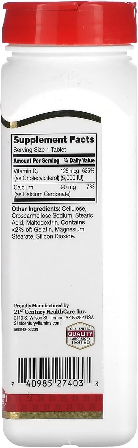 High Potency Vitamin D3 5000 IU Tablets for Daily Support, 360 Count - 21st Century Formula